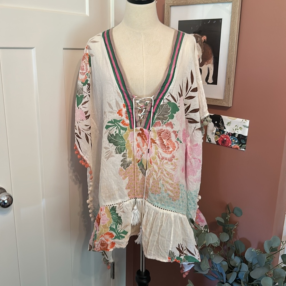 Z&L Floral Print Pom Poms cotton tassel drop waist lace up OS Kaftan Cover-Up - Picture 3 of 16